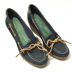 Sperry Top Sider Women's Leather Plaid Accent Green Blue Slip On Wedge Size 10M